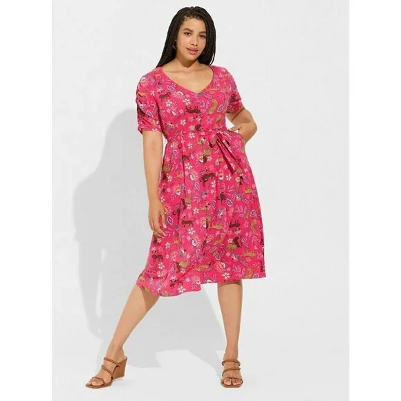 Torrid Women's Midi Button Front Rayon Slub Pink Dress - 1XL - Picture 1 of 15